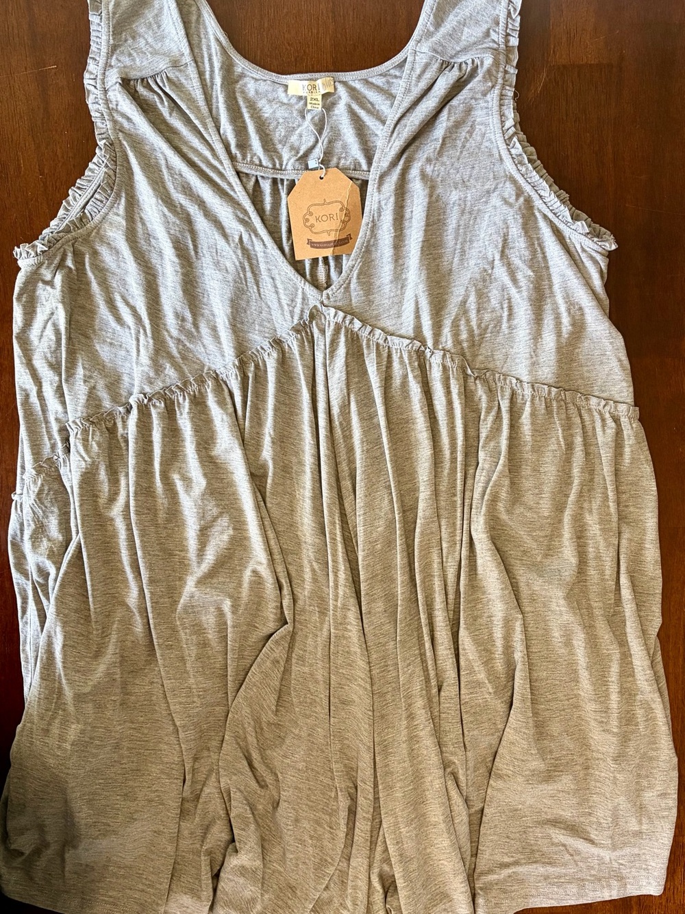 NWT Kori America Plus Gray V-Neck Top With Sleeveless Ruffle Trim Size 2XL